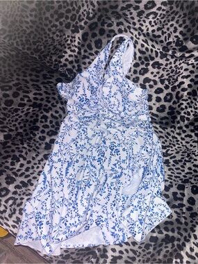 White and Blue Floral One-Shoulder Dress